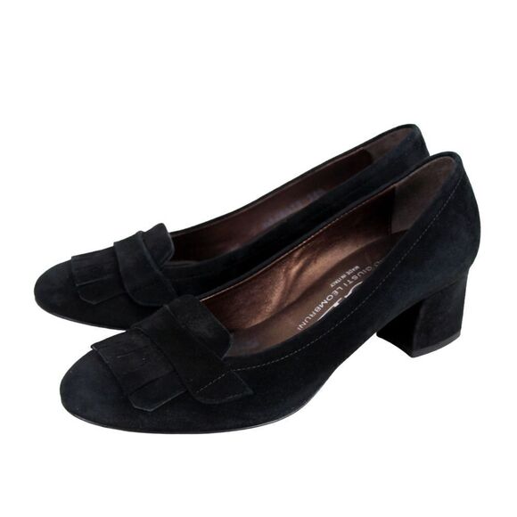 AGL Italy BLACK GENUINE LEATHER SUEDE MID HEEL ROUND TOE PUMP WOMEN'S SHOES 36.5 - Picture 4 of 12
